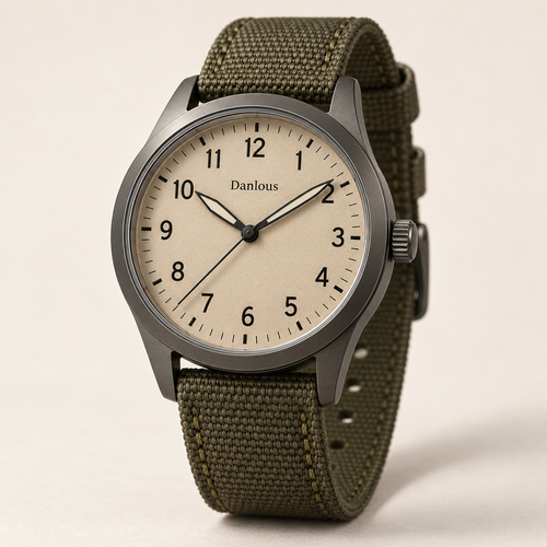 Danlous Atlas, round dark gray-tone case, sand dial, Arabic numeral markers and olive woven strap, main studio view