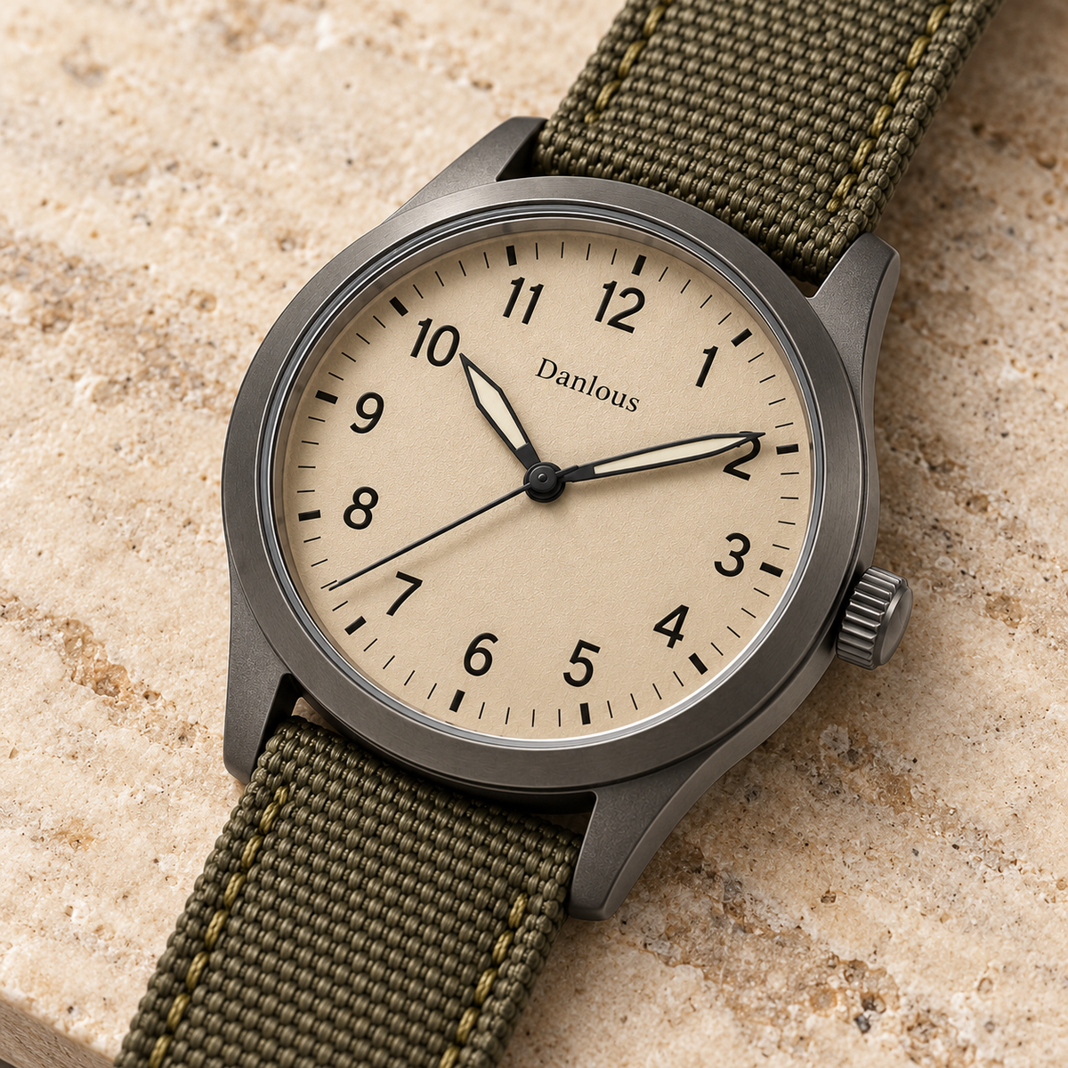 Danlous Atlas, Sand / Olive, angled dial and crown detail