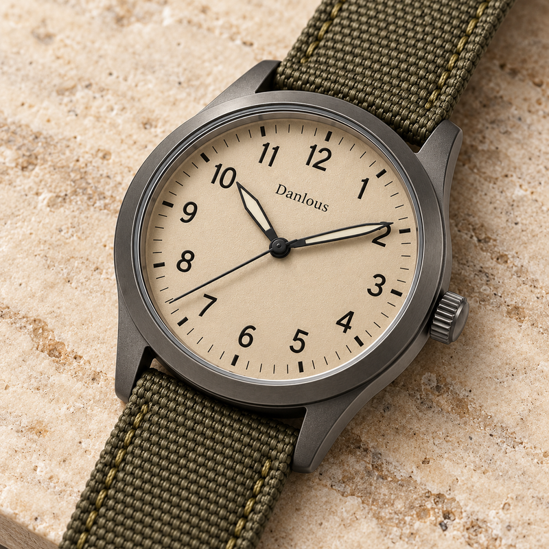 Danlous Atlas, Sand / Olive, angled dial and crown detail