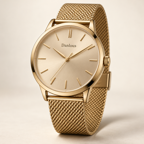 Danlous Aurelia, round gold-tone case, champagne dial, slim baton markers and gold-tone mesh bracelet, main studio view