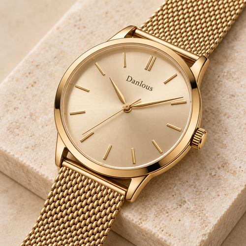 Danlous Aurelia, angled dial and crown detail, Champagne / Gold