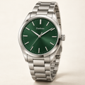 Danlous Evergreen, round silver-tone case, forest-green dial, baton markers and silver-tone link bracelet, main studio view