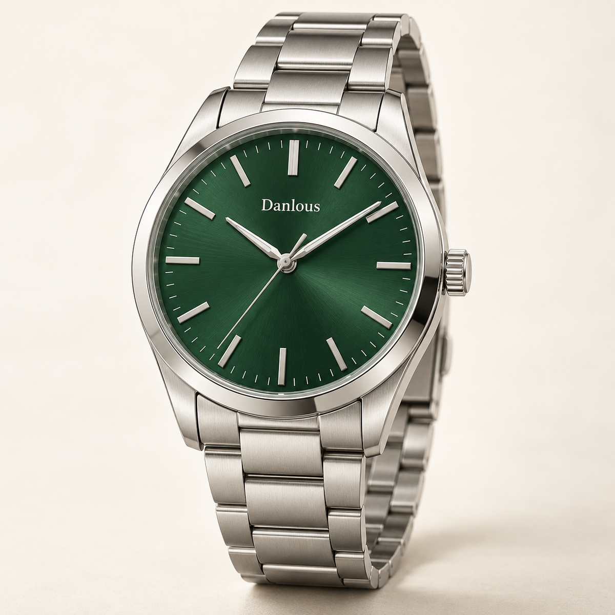 Danlous Evergreen, round silver-tone case, forest-green dial, baton markers and silver-tone link bracelet, main studio view