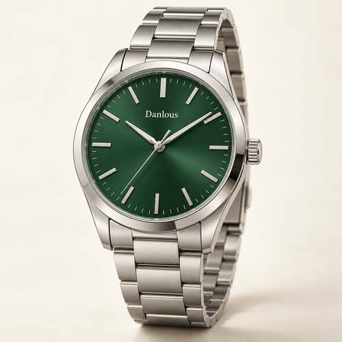 Danlous Evergreen, round silver-tone case, forest-green dial, baton markers and silver-tone link bracelet, main studio view