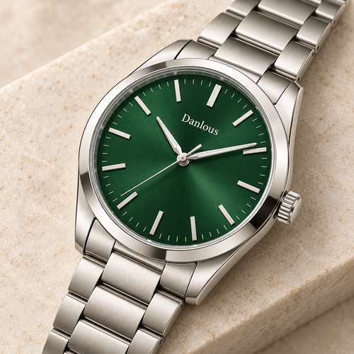 Danlous Evergreen green dial with silver-tone link bracelet, angled dial and crown detail