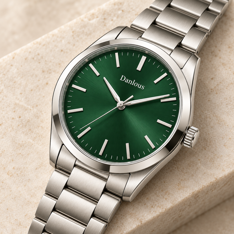 Danlous Evergreen green dial with silver-tone link bracelet, angled dial and crown detail