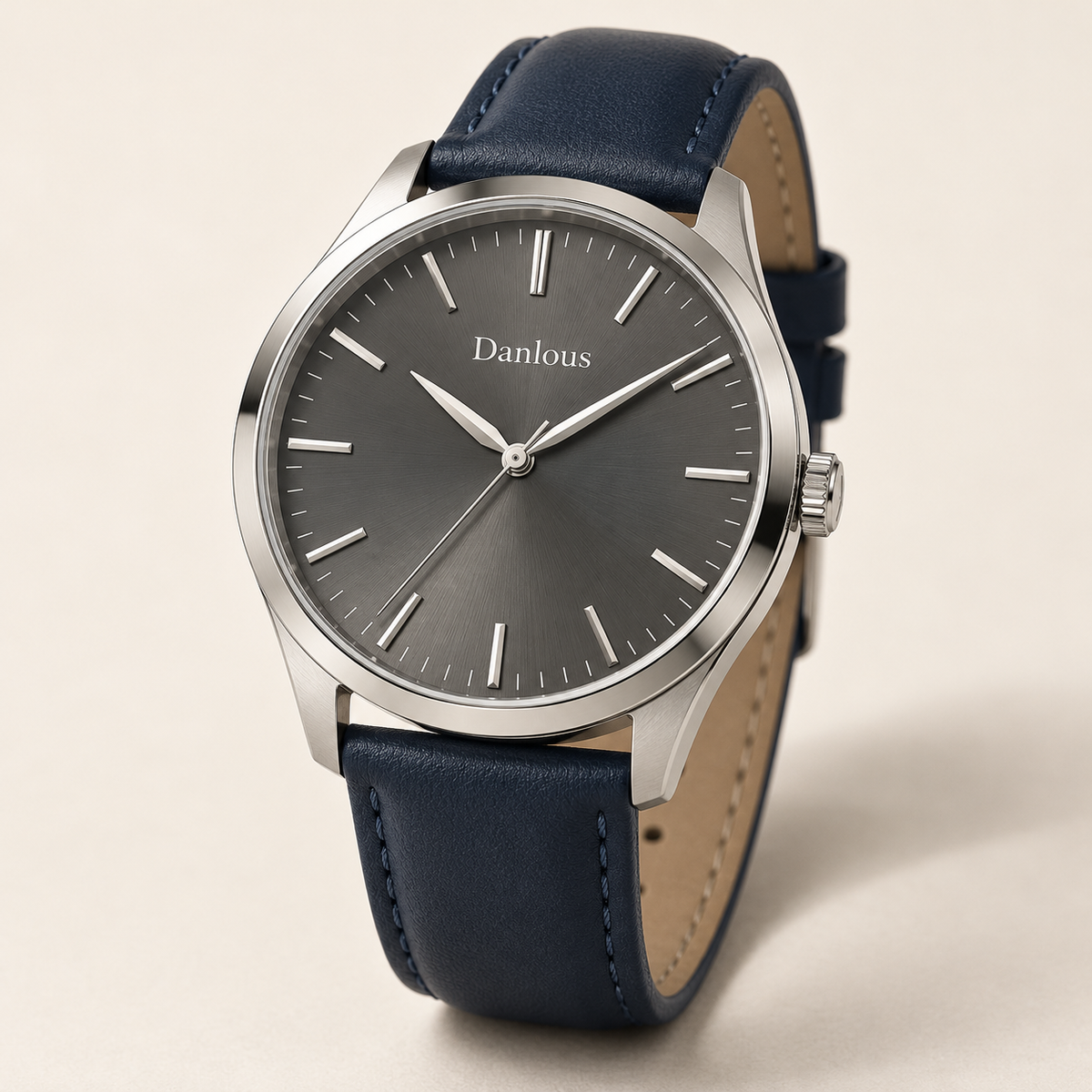 Danlous Horizon, round silver-tone case, slate-gray dial, baton markers and navy leather-look strap, main studio view