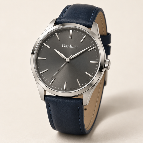 Danlous Horizon, round silver-tone case, slate-gray dial, baton markers and navy leather-look strap, main studio view