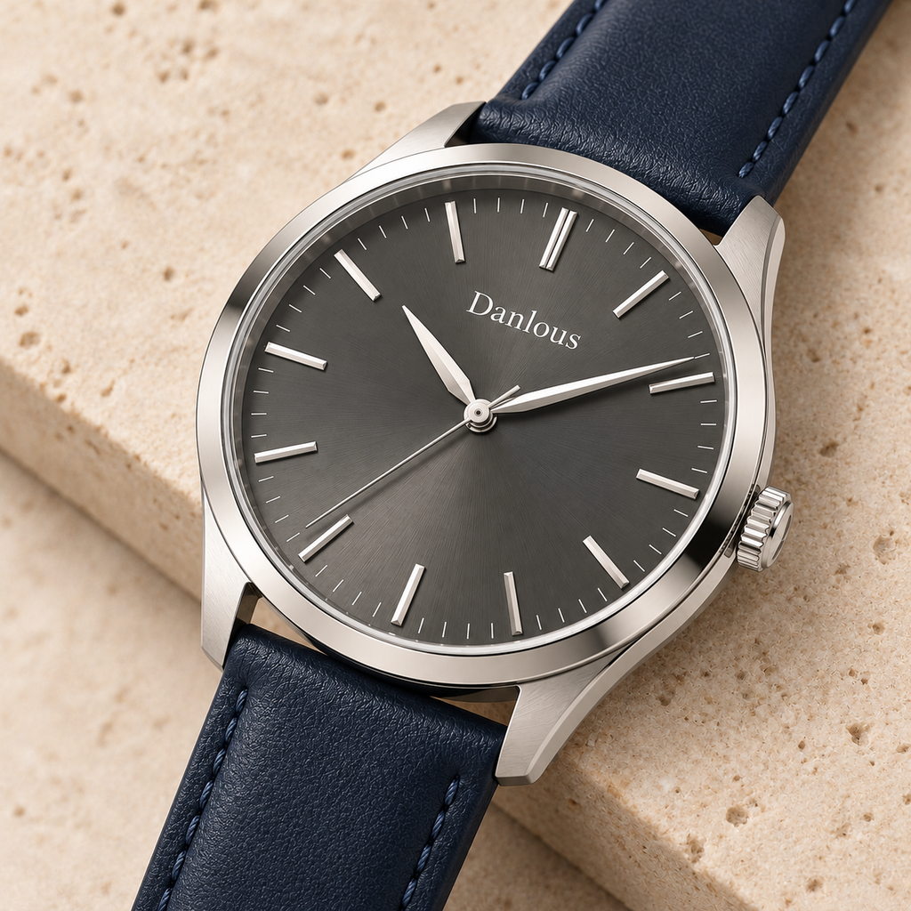 Danlous Horizon, Gray / Navy, angled dial and crown detail