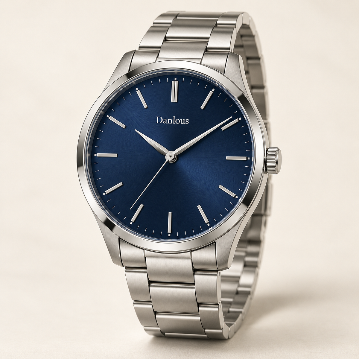 Danlous Meridian watch with midnight-blue dial and silver-tone link bracelet, main studio view