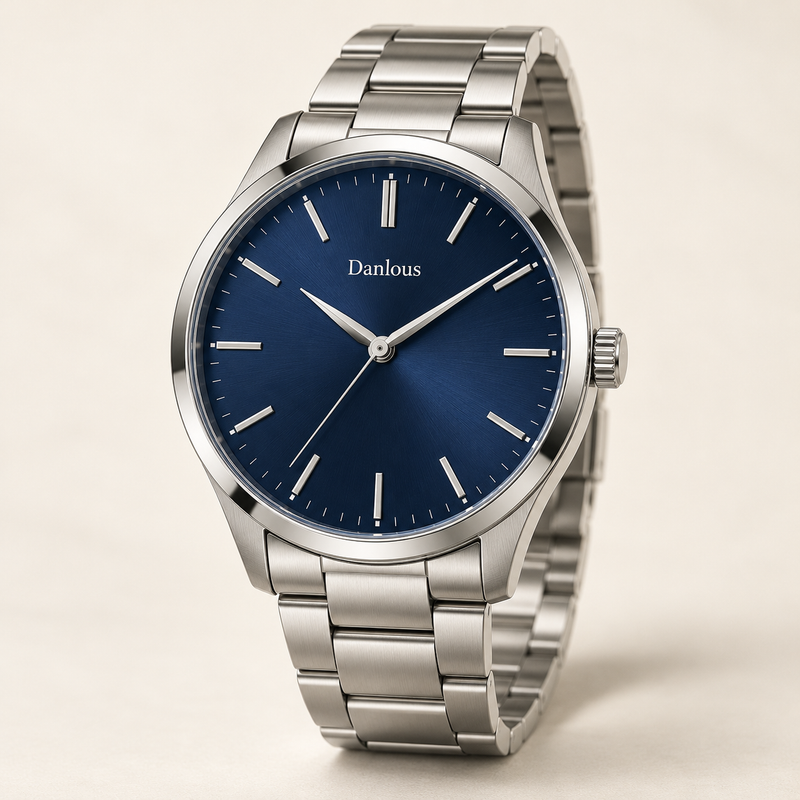 Danlous Meridian watch with midnight-blue dial and silver-tone link bracelet, main studio view