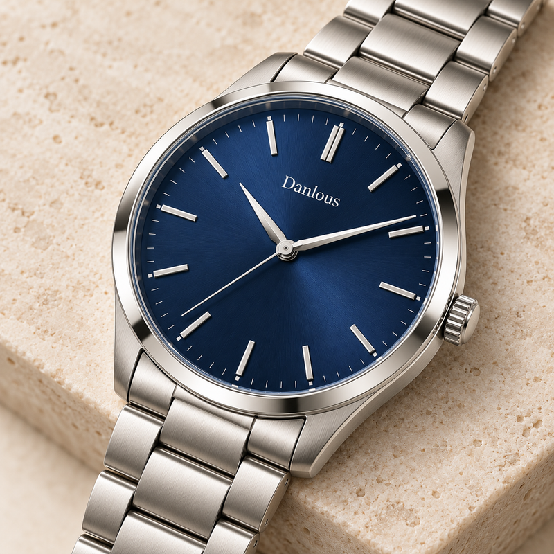 Danlous Meridian midnight-blue watch with silver-tone bracelet, angled dial and crown detail