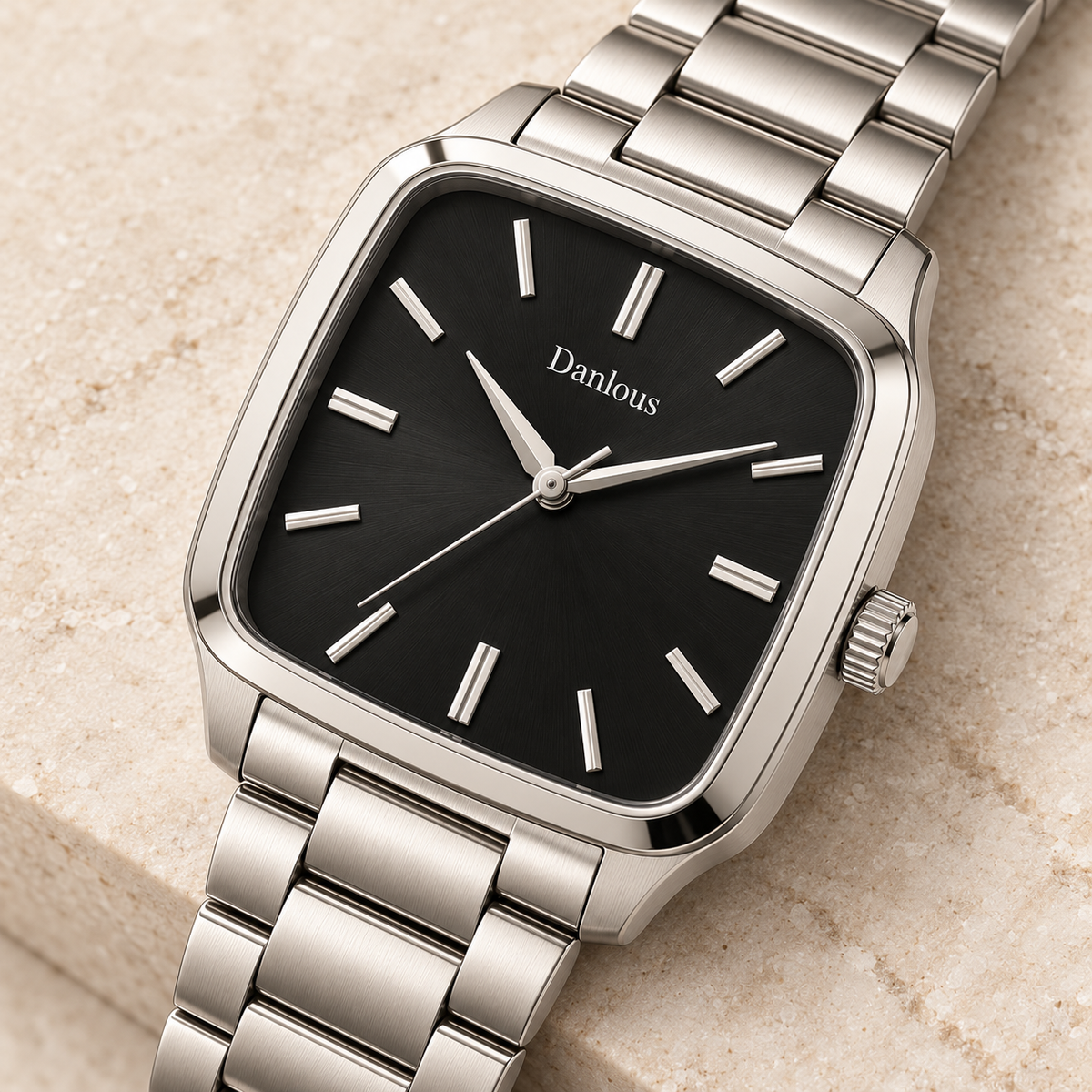 Danlous Monaco square black dial with silver-tone link bracelet, angled dial and crown detail