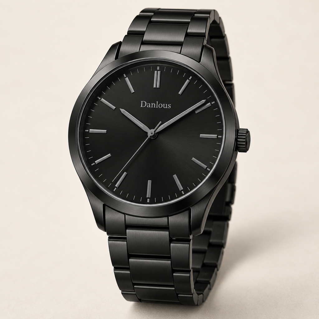 Danlous Nocturne all-black watch with tonal dial and black link bracelet, main studio view