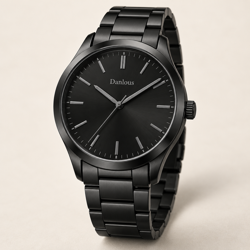 Danlous Nocturne all-black watch with tonal dial and black link bracelet, main studio view