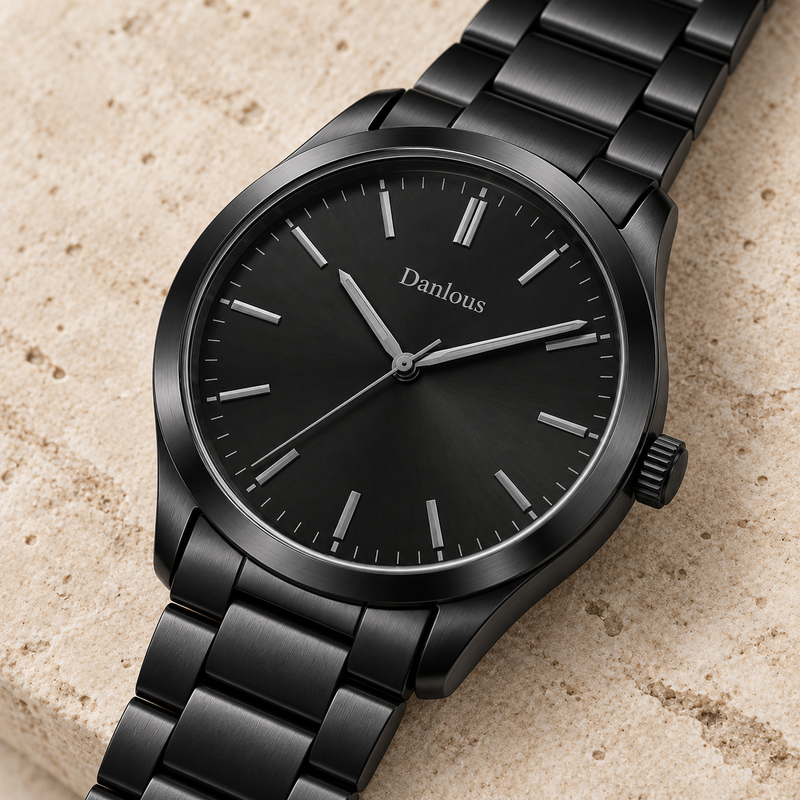 Danlous Nocturne all-black watch, angled dial and crown detail on stone