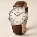 Danlous Portofino, round silver-tone case, ivory dial, Roman numeral markers and brown leather-look strap, main studio view