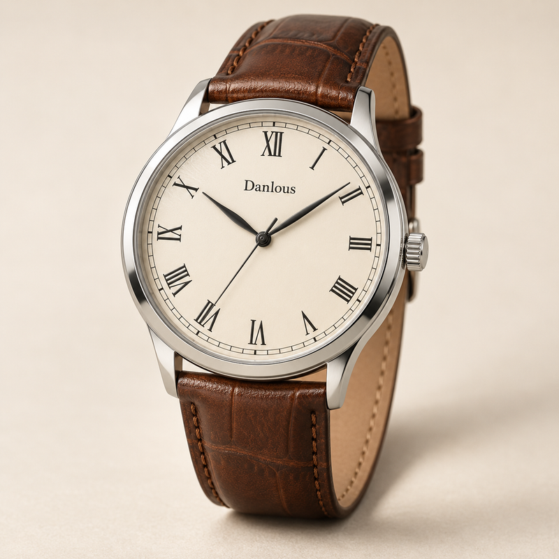 Danlous Portofino, round silver-tone case, ivory dial, Roman numeral markers and brown leather-look strap, main studio view