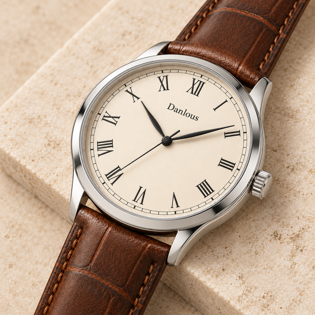 Danlous Portofino ivory Roman-numeral dial and brown strap, angled detail