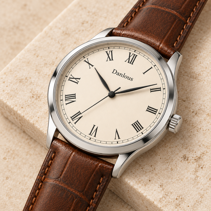 Danlous Portofino ivory Roman-numeral dial and brown strap, angled detail