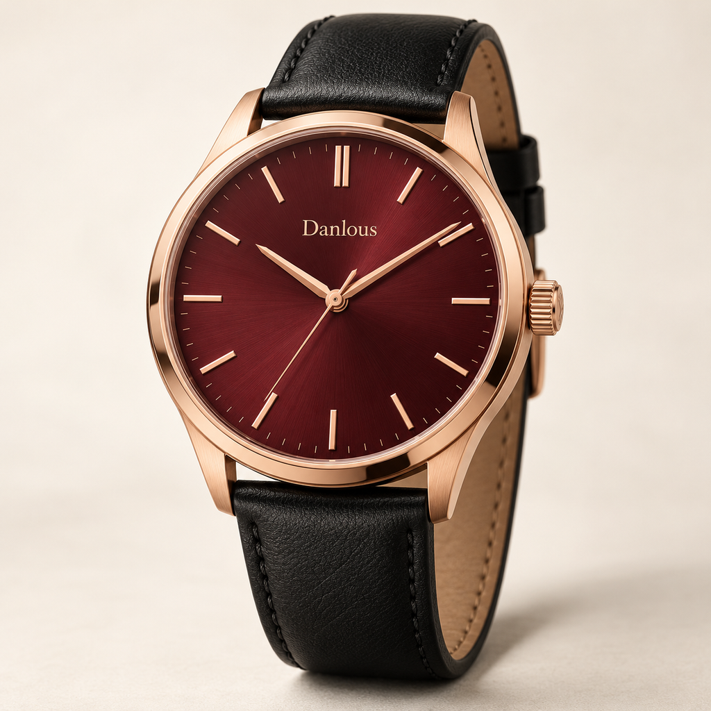 Danlous Rosso, round rose-gold-tone case, burgundy dial, baton markers and black leather-look strap, main studio view