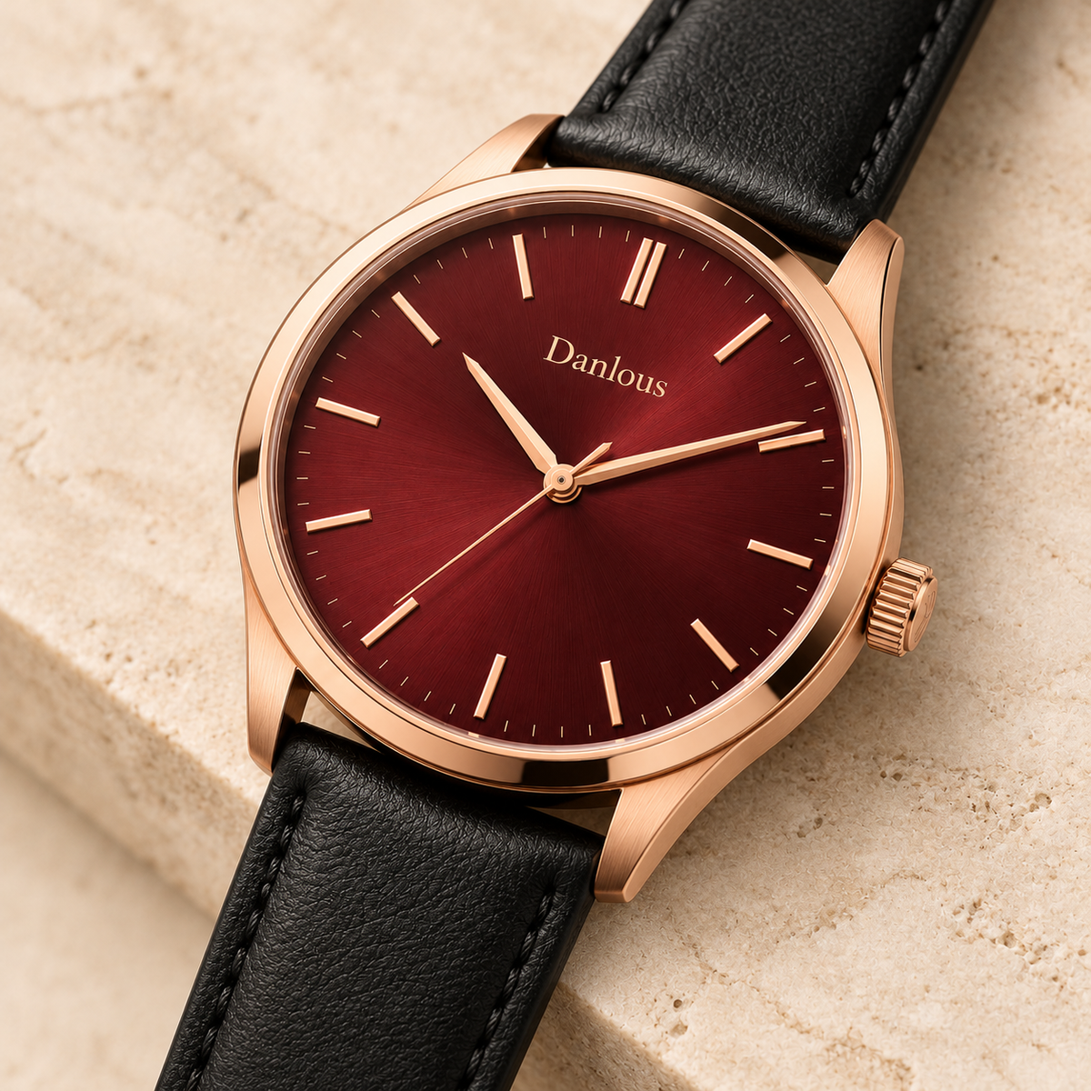 Danlous Rosso, Burgundy / Black, angled dial and crown detail