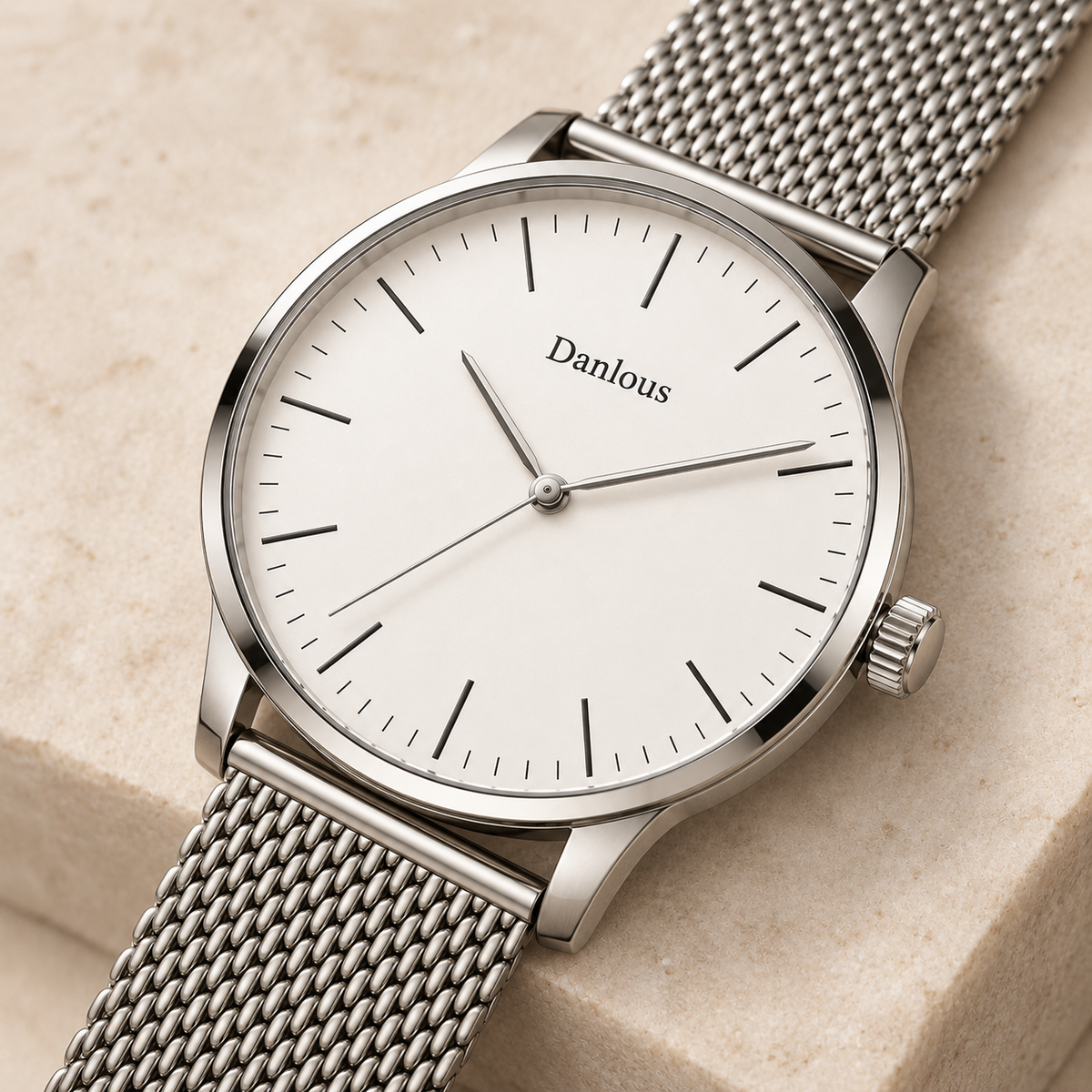 Danlous Sterling, White / Silver, angled dial and crown detail