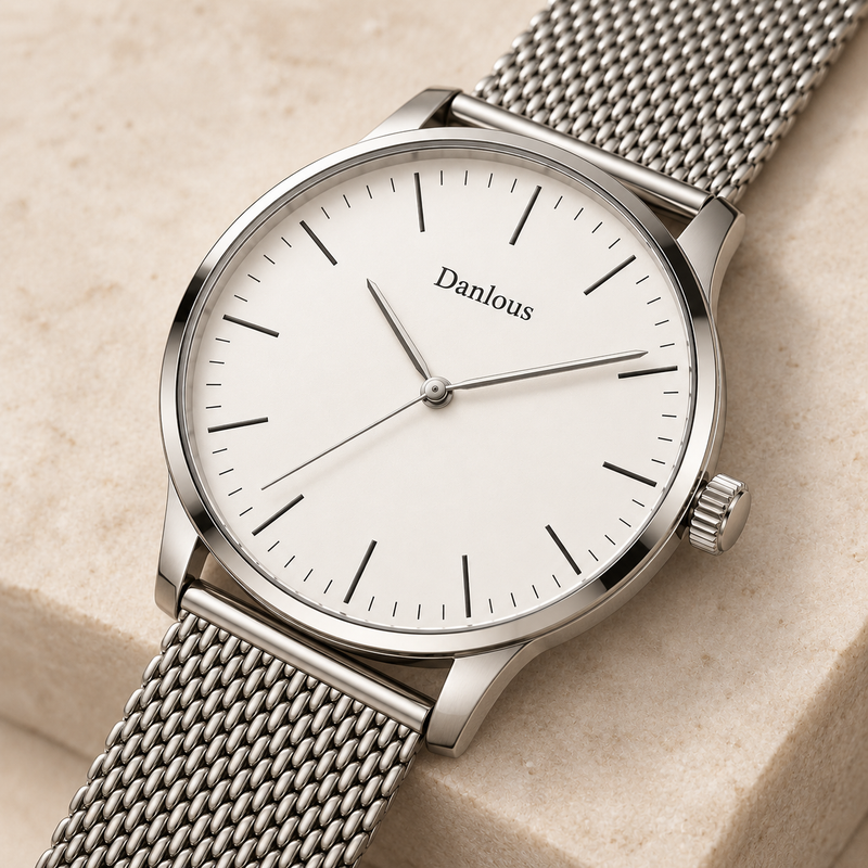 Danlous Sterling, White / Silver, angled dial and crown detail